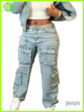 Women's Y2K Baggy Cargo Jeans High Waisted Wide Leg Denim Pants